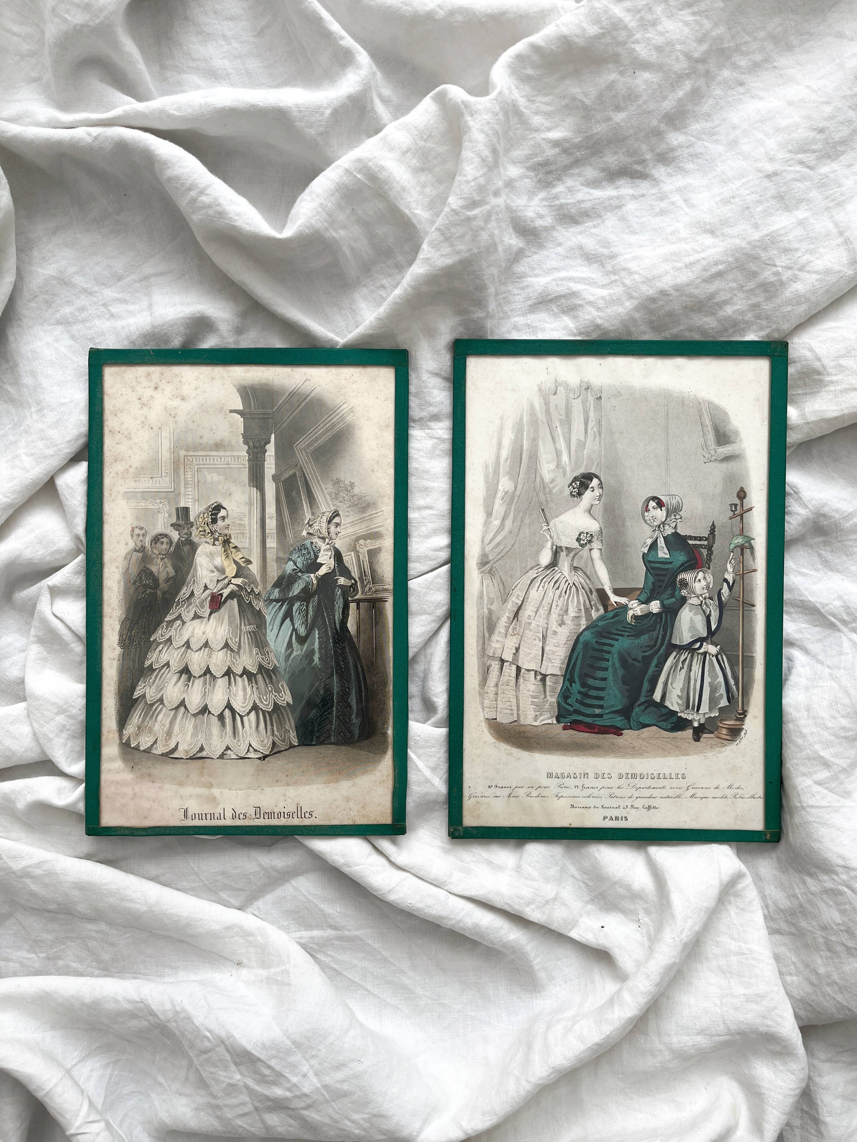 2 lithographs, antique fashion illustrations, under glass, 19th century