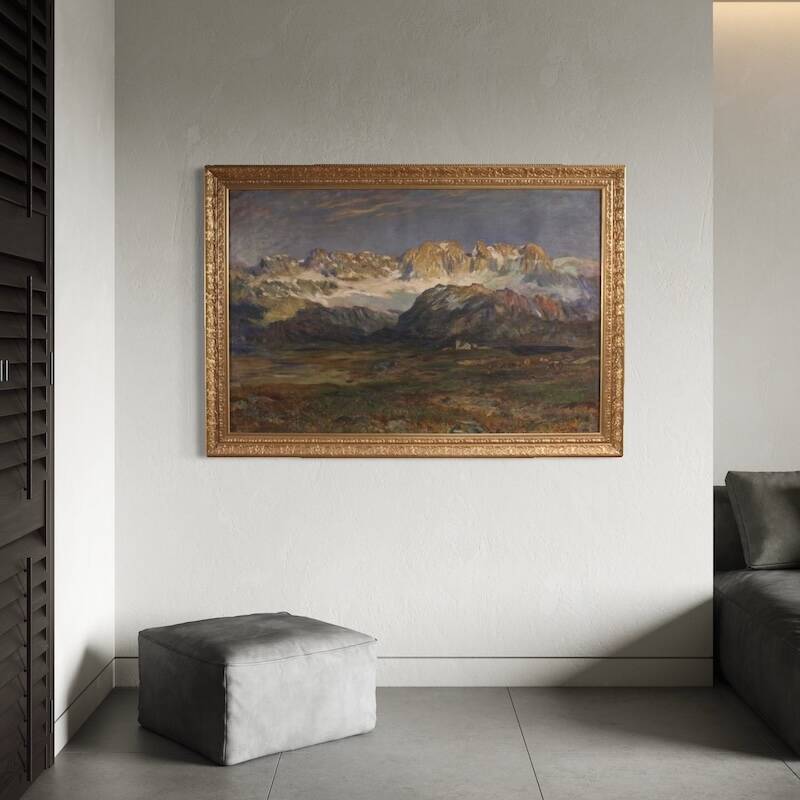Antique Italian signed mountain landscape painting from 19th century