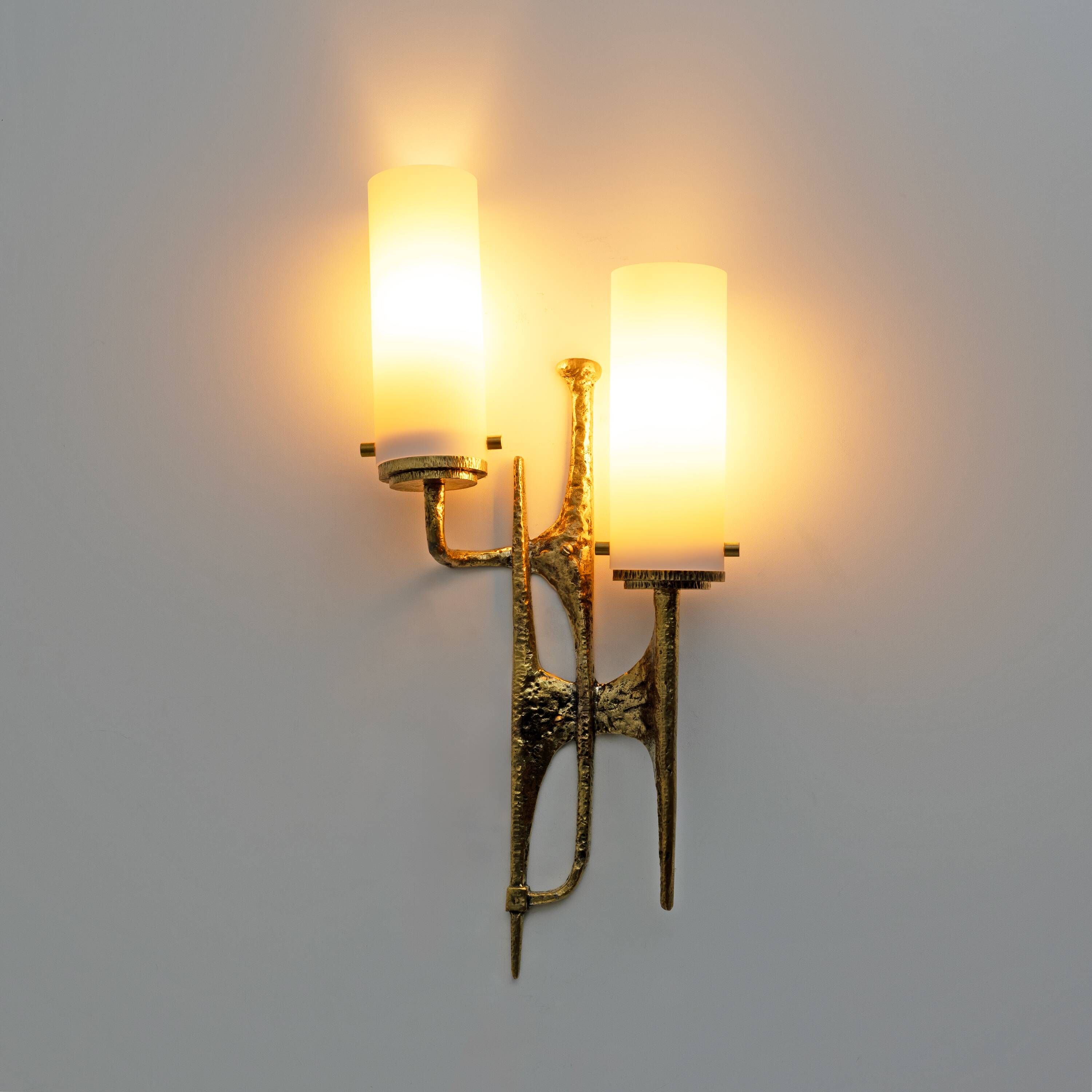Pair of Brutalist Bronze Wall and Murano glass Sconces by Felix Agostini