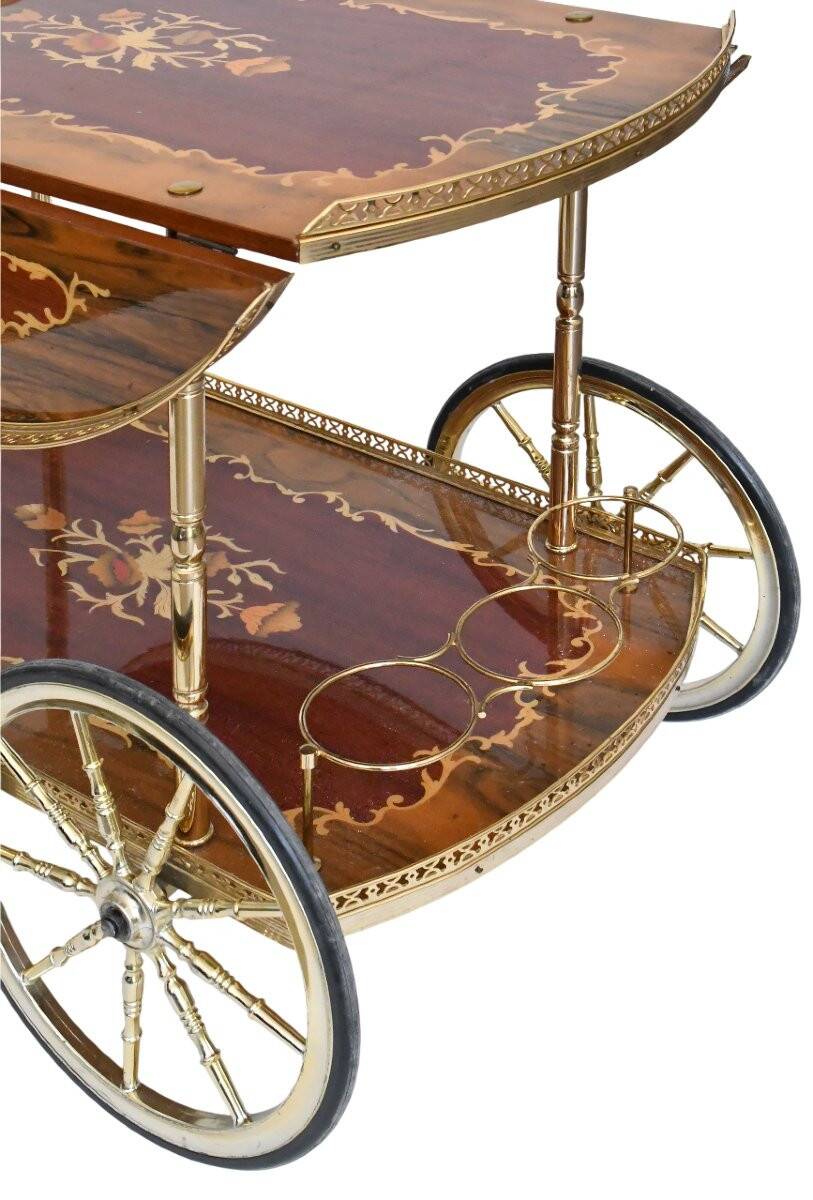 Serving table and rolling bar with drop leaves featuring floral marquetry decoration.