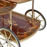 Serving table and rolling bar with drop leaves featuring floral marquetry decoration.
