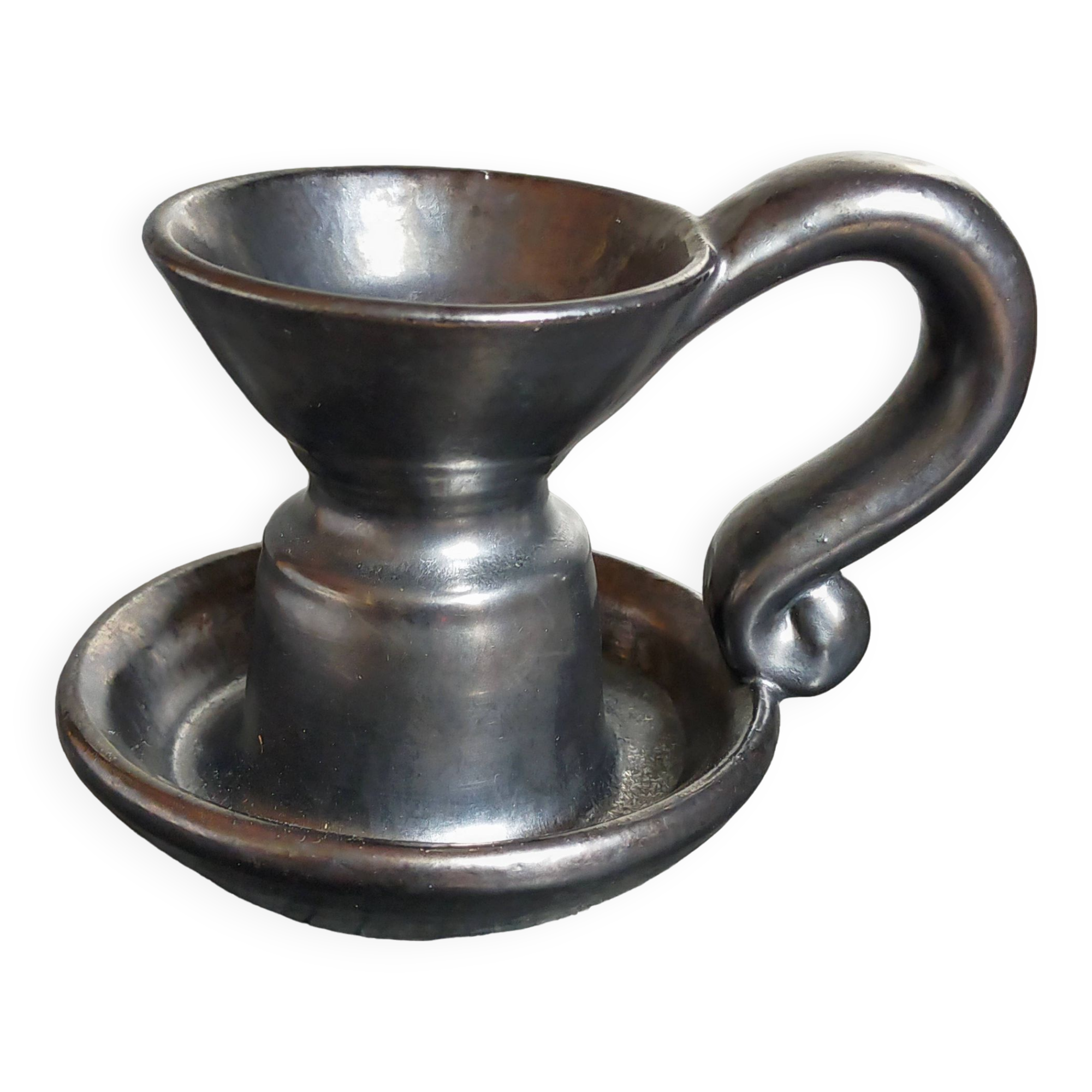 1950s iridescent black ceramic hand candle holder