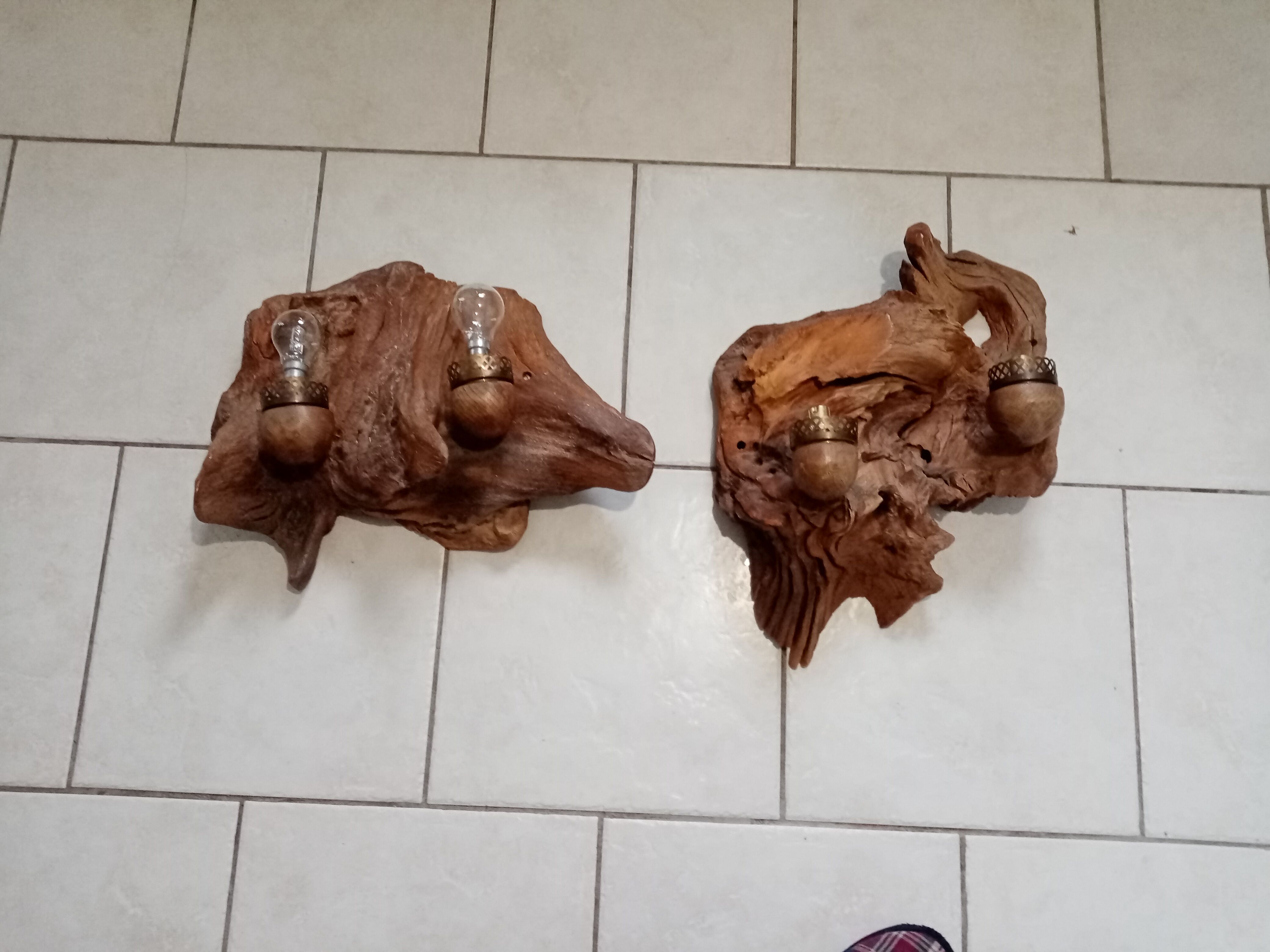 Pair of vintage brutalist wood wall lamp