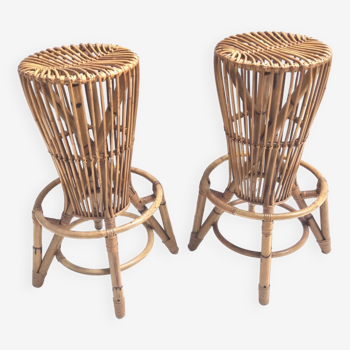 Postmodern Pair of Round Bamboo Stools attr. to Tito Agnoli for Bonacina, Italy