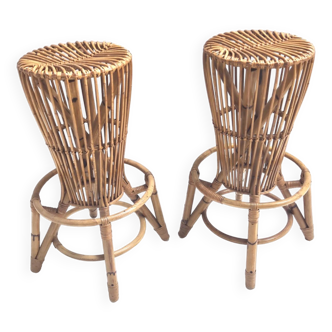 Postmodern Pair of Round Bamboo Stools attr. to Tito Agnoli for Bonacina, Italy