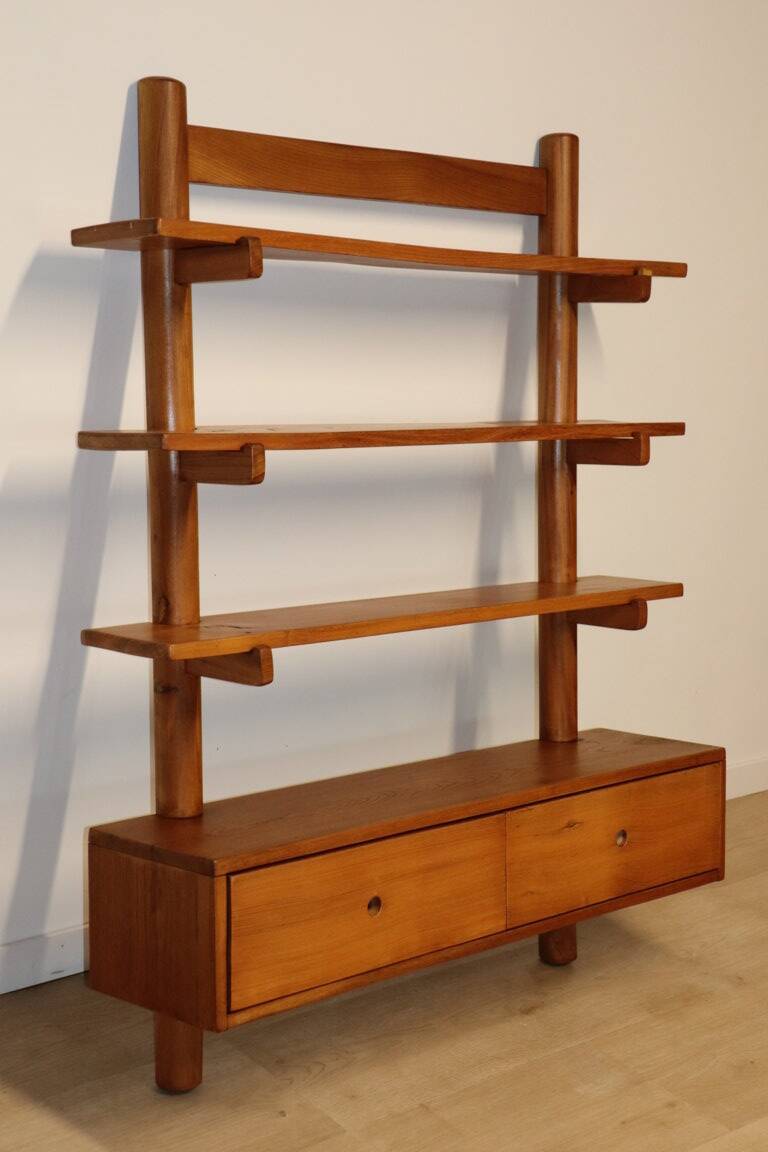Vintage wall shelf unit in solid elm, 1970s