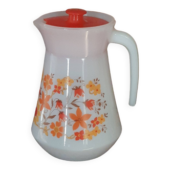 Cruche - Carafe - Broc en verre opaline à décor de fleurs oranges - Vers 1970