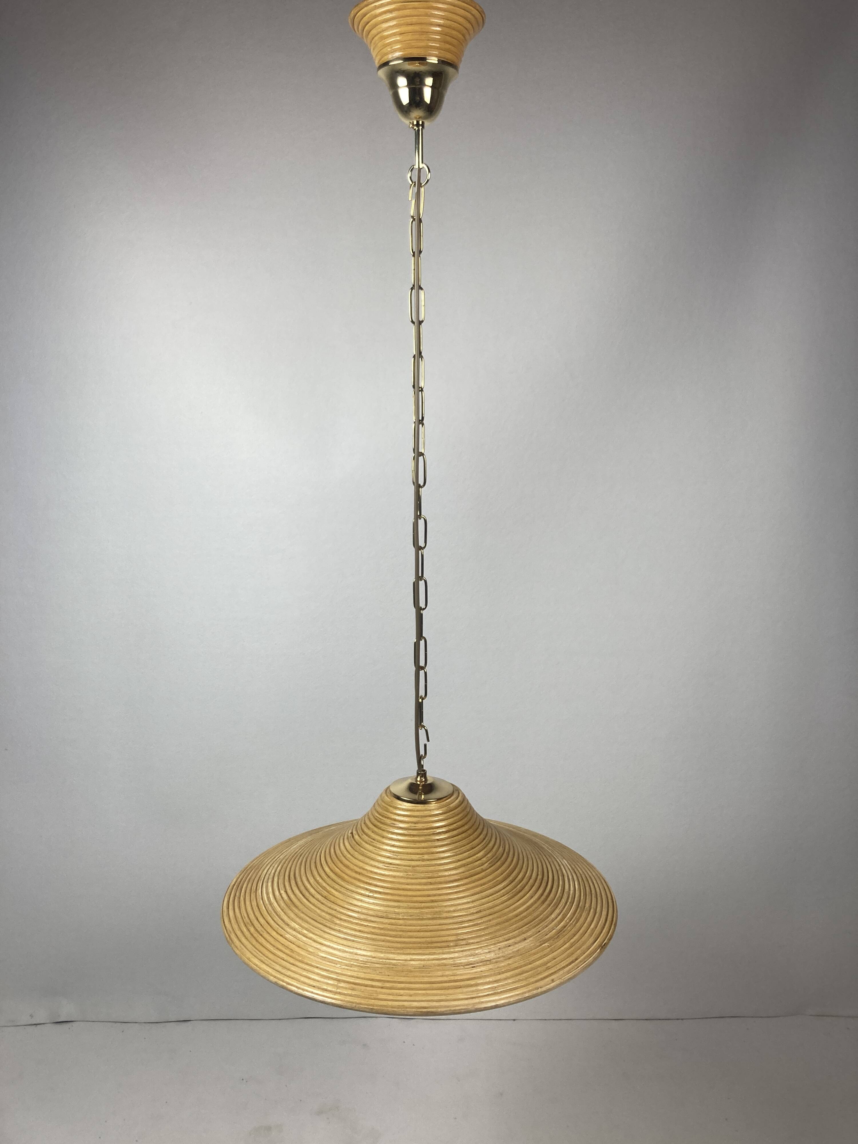 Pencil Split Reed, Rattan, Bamboo & Brass Pendant hanging lamp, Italy, 1970s