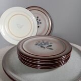 8 dessert plates + brown/blue stoneware tart dish, Fanchon model by MBFA Pornic, 1970s