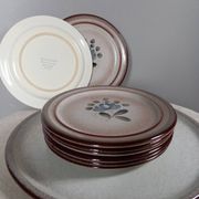 8 dessert plates + brown/blue stoneware tart dish, Fanchon model by MBFA Pornic, 1970s
