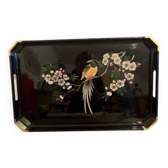 Black lacquered wooden tray with Japanese decor