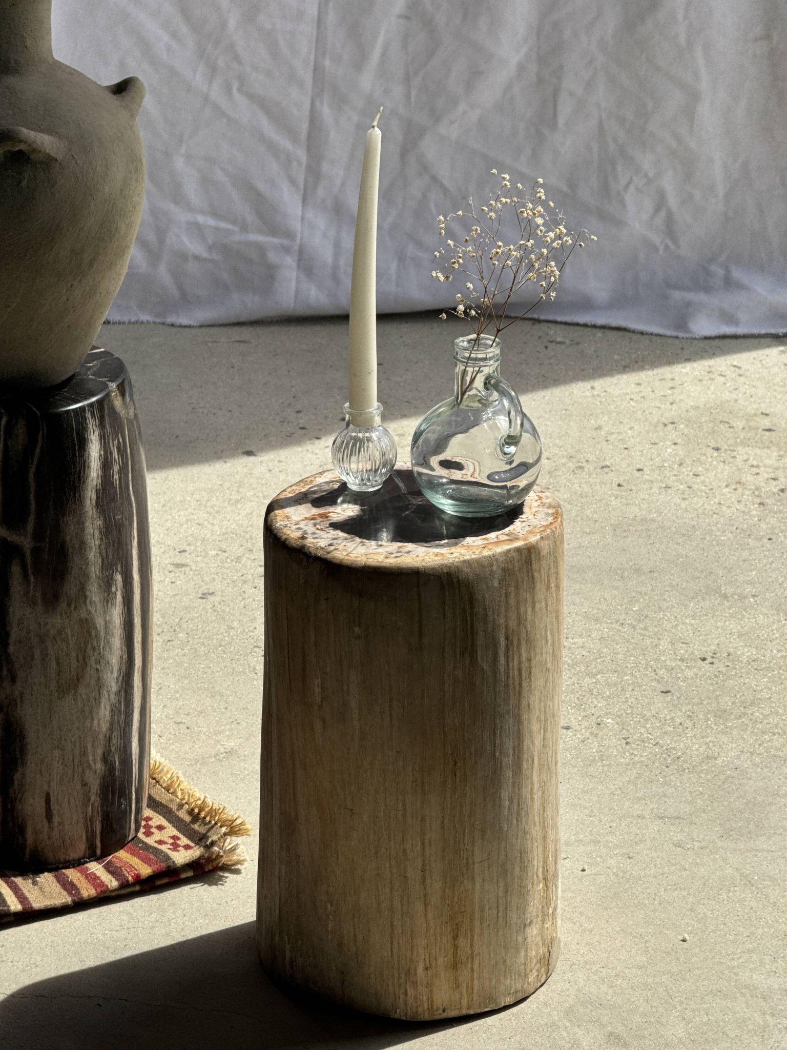 Petrified wood side table, white bark