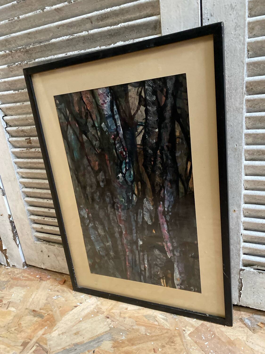 Old Abstract Oil On Paper Signed + Black Wood Frame #B548