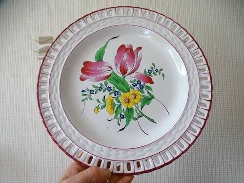 Kg luneville "réverbère" 2 pierced flat plates earthenware flowers ø 25 cm