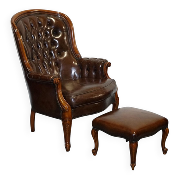 Ensemble de Fauteuil et Ottomane Chesterfield Victorien en Cuir Teint