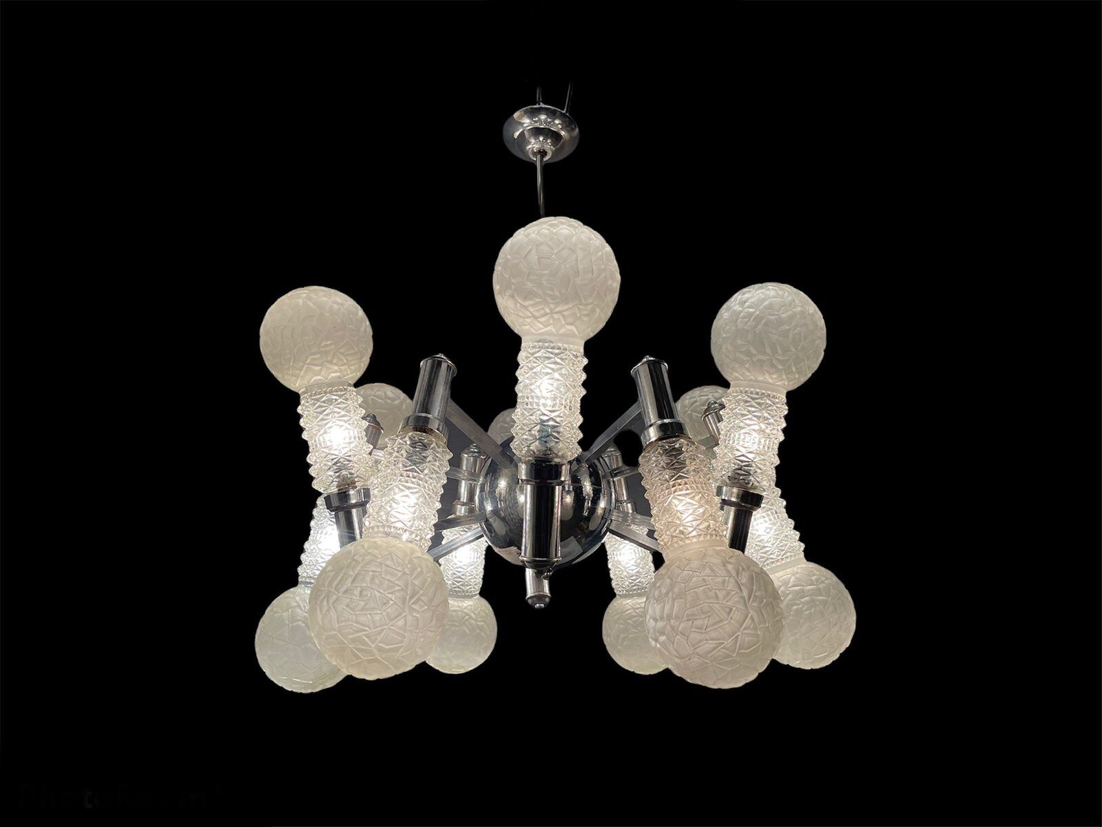 Lustre en verre spoutnik chromé, années 1970