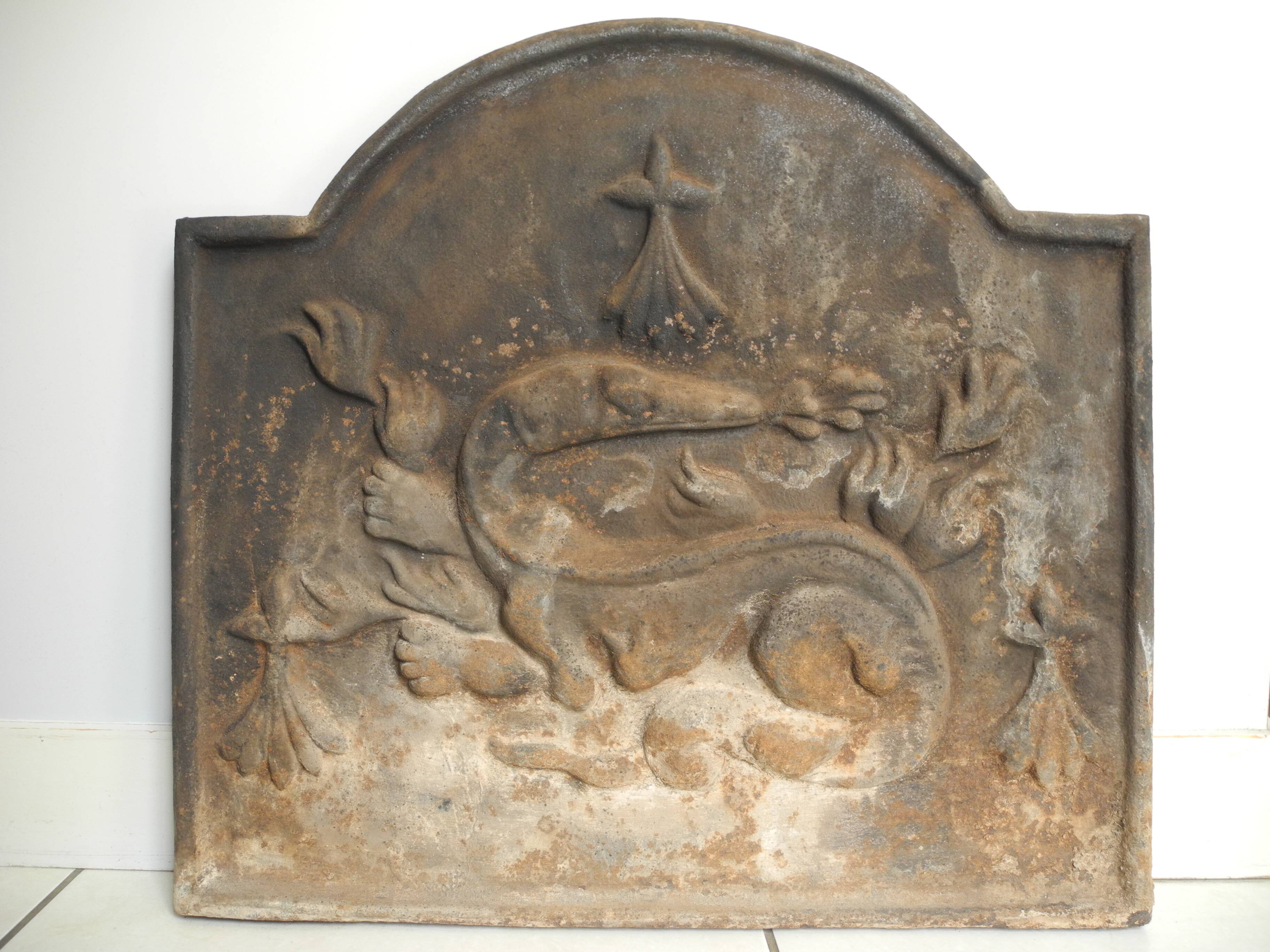 old cast iron fireback salamander fireplace plate