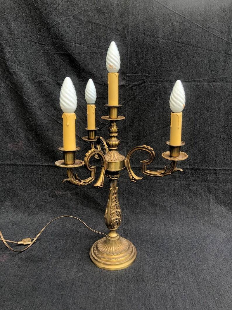 Vintage French Bronze and Brass Table Lamp: Louis XVI Style, 4-Branch C1950