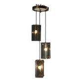 Suspension vintage en laiton et verre fumé, design italien, années 1960