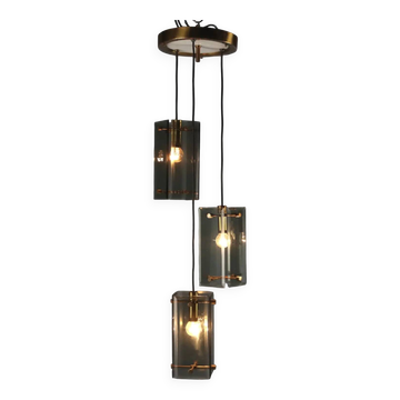 Suspension vintage en laiton et verre fumé, design italien, années 1960
