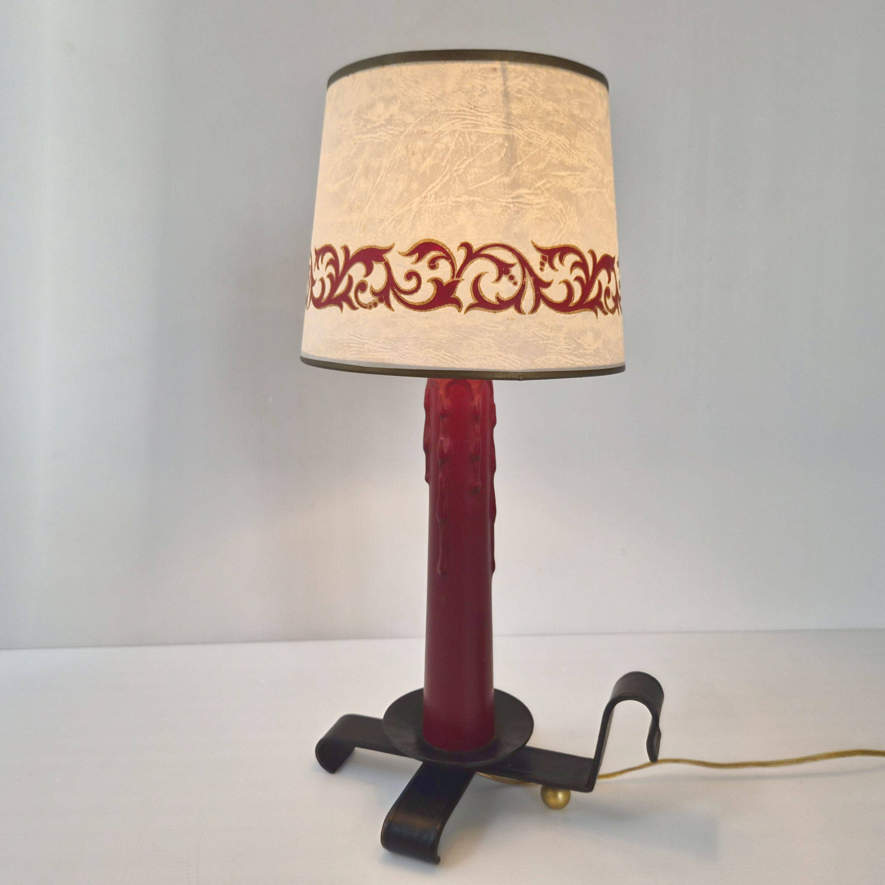 Vintage lamp in burgundy and black leather 1950