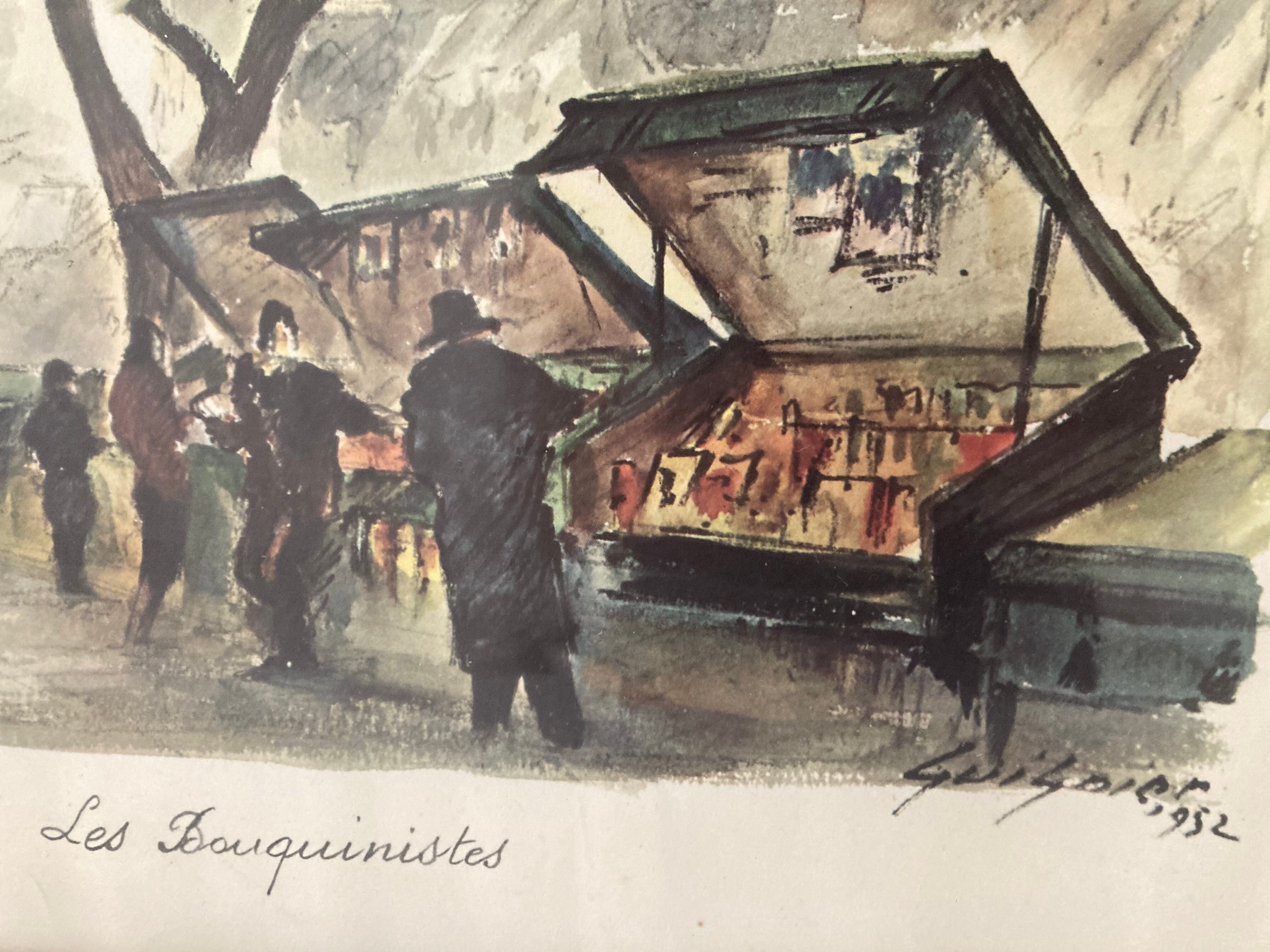 Old watercolor the booksellers F.Guignier