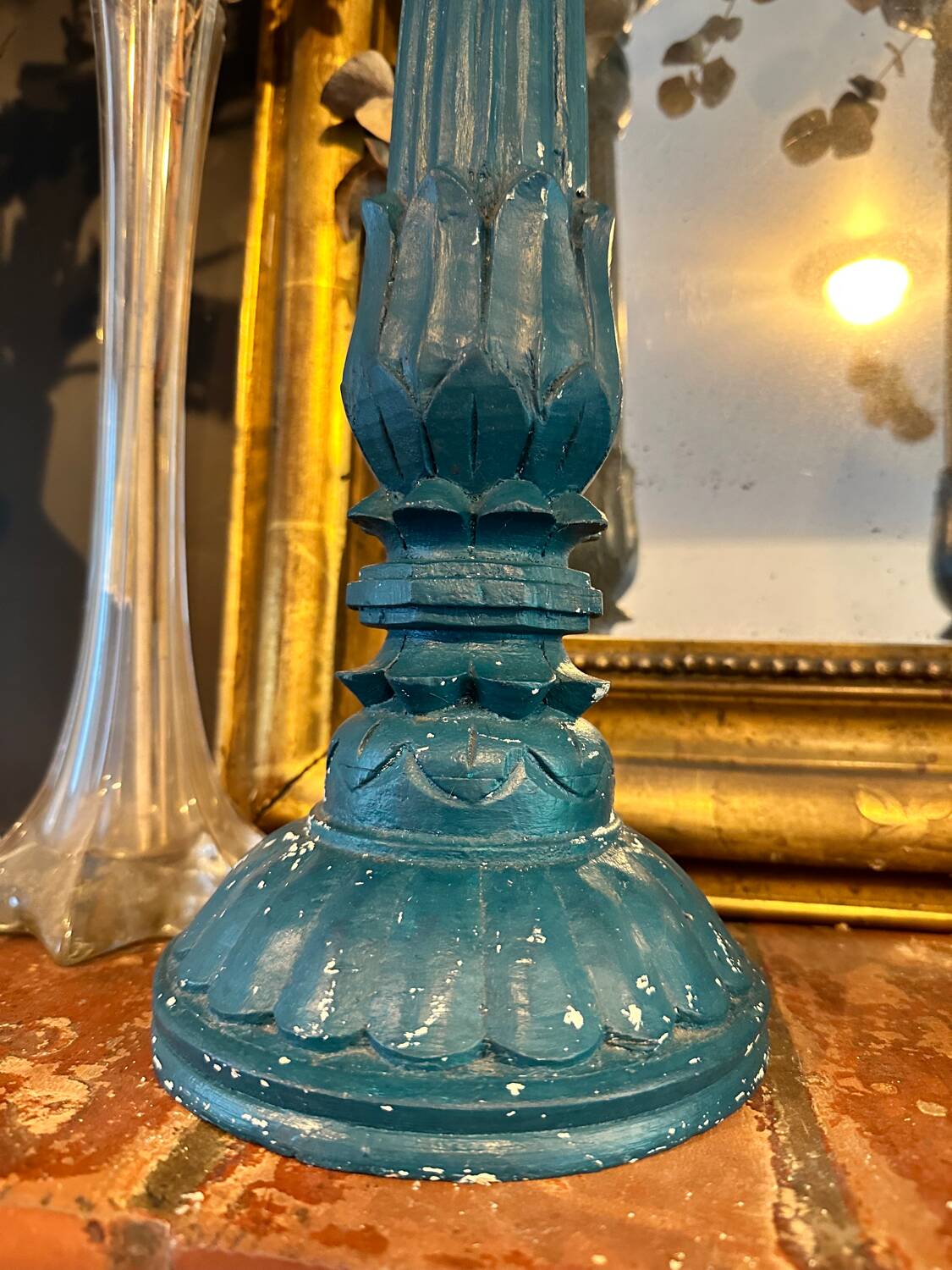 2 vintage duck blue wooden candlesticks