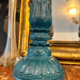 2 Large vintage duck blue wooden candlesticks