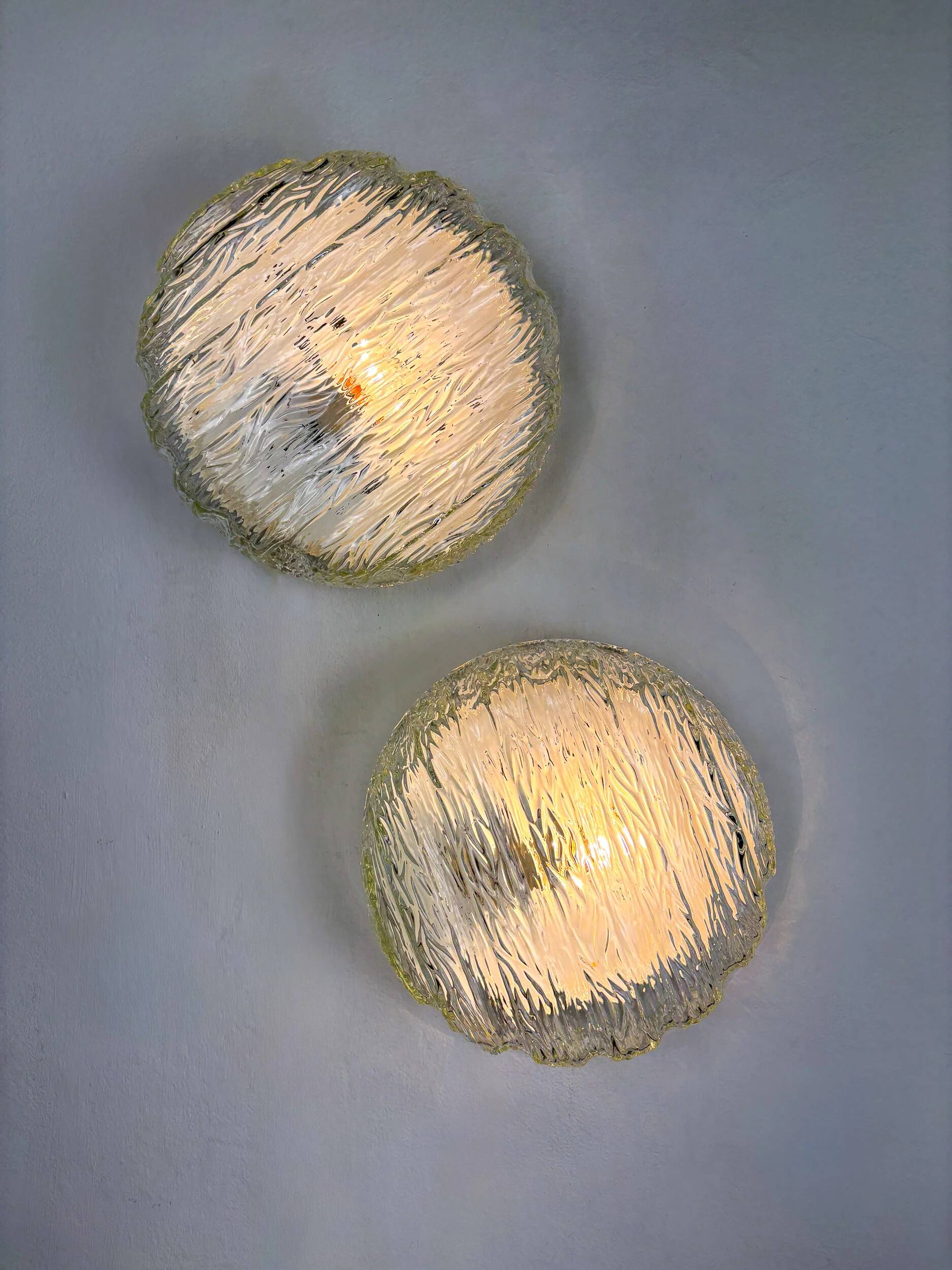 Pair of frozen glass round sconces, Germany, 1960s