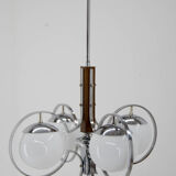 Art deco opaline glass wood and chrome chandelier, 1930s