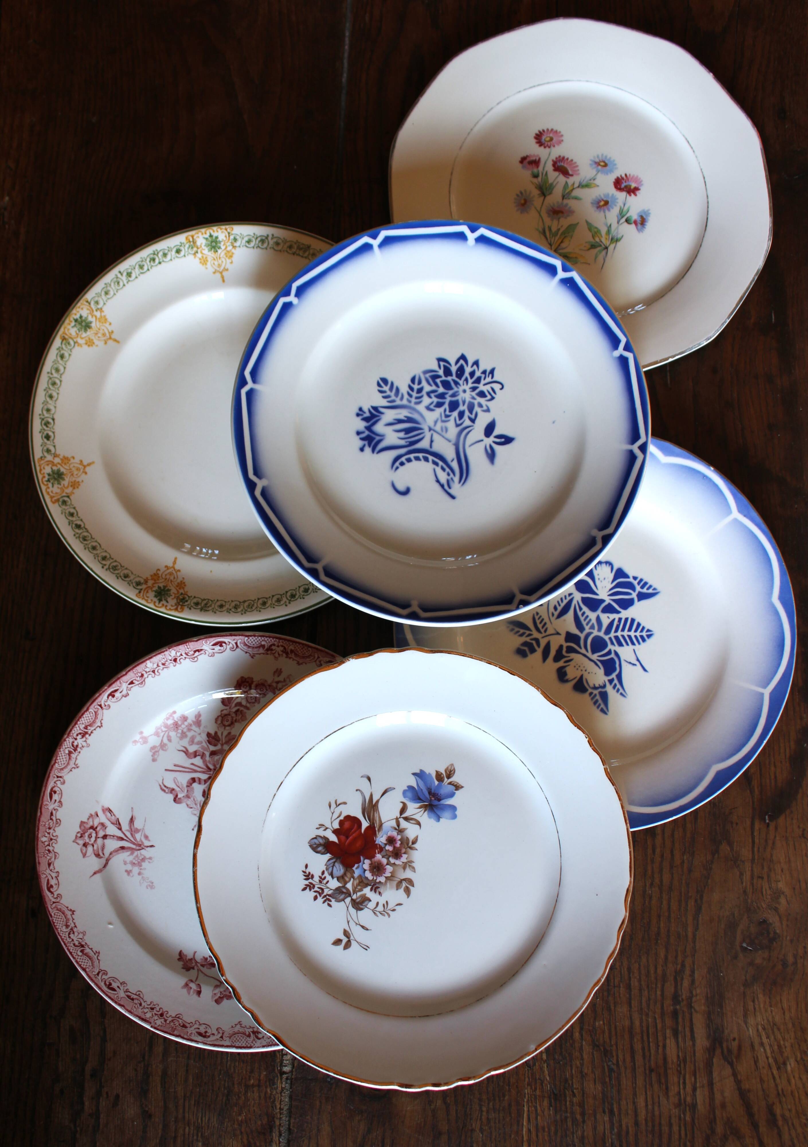 6 mismatched flat plates Fontanges Marsac Longwy Digoin