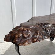 Brutalist coffee table in solid elm and wrought iron, ram's horn legs.