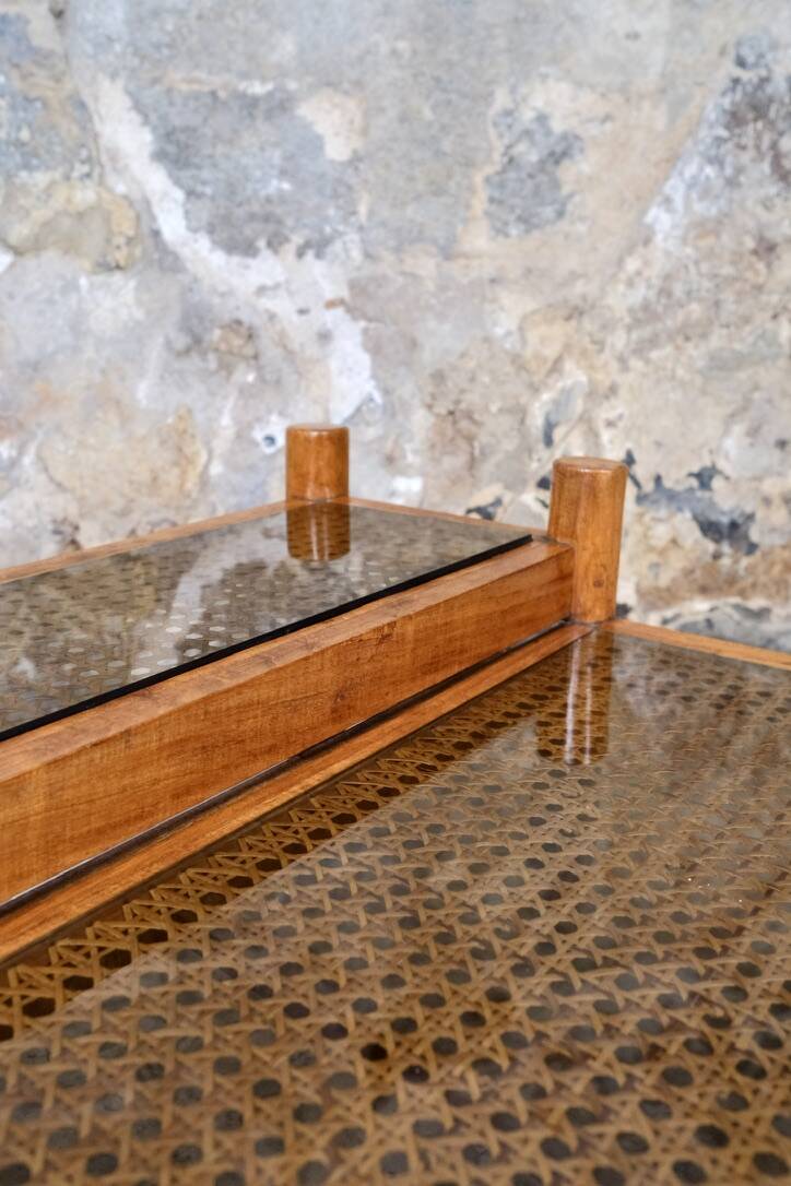 Cane and smoked glass coffee table, France, 1980.