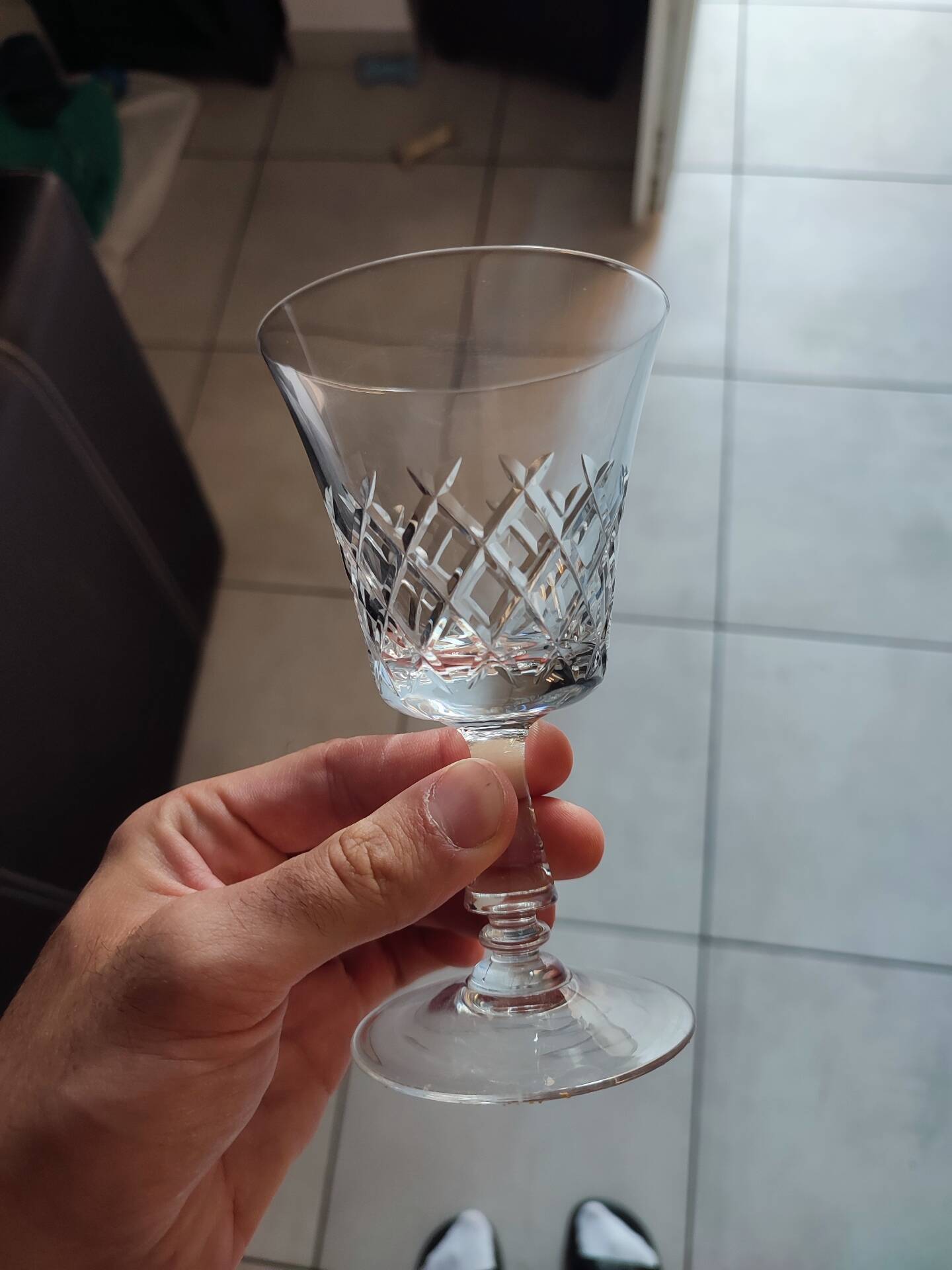 6 large cut crystal water glasses in the style of Cristalline de Lorraine.