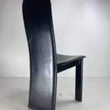 Post modern Memphis high back black leather stitched organic dining chairs, set of 6. Italy, 1980s