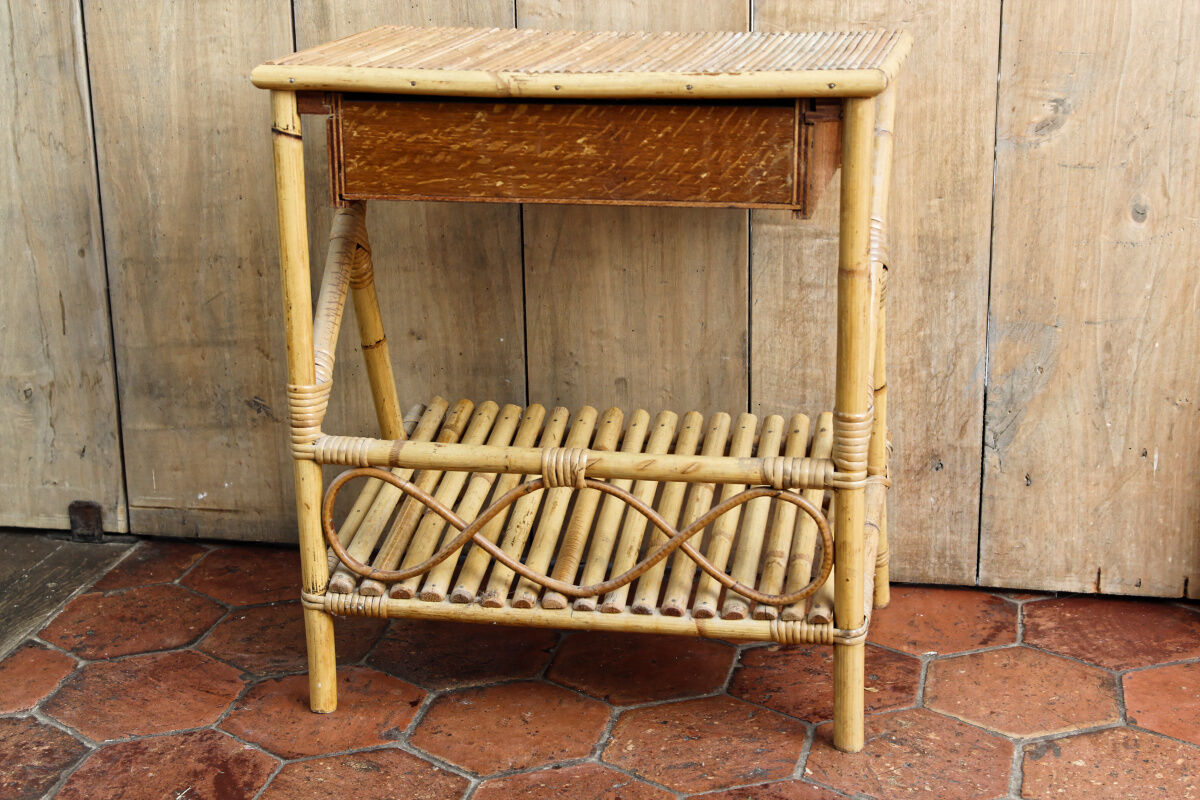 Vintage bedside table, rattan and bamboo