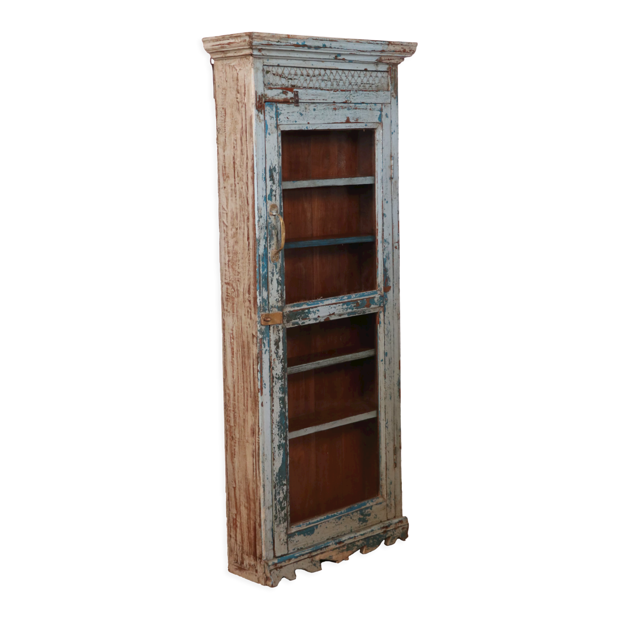 Old art deco wall showcase in burmese teak original blue-gray patina