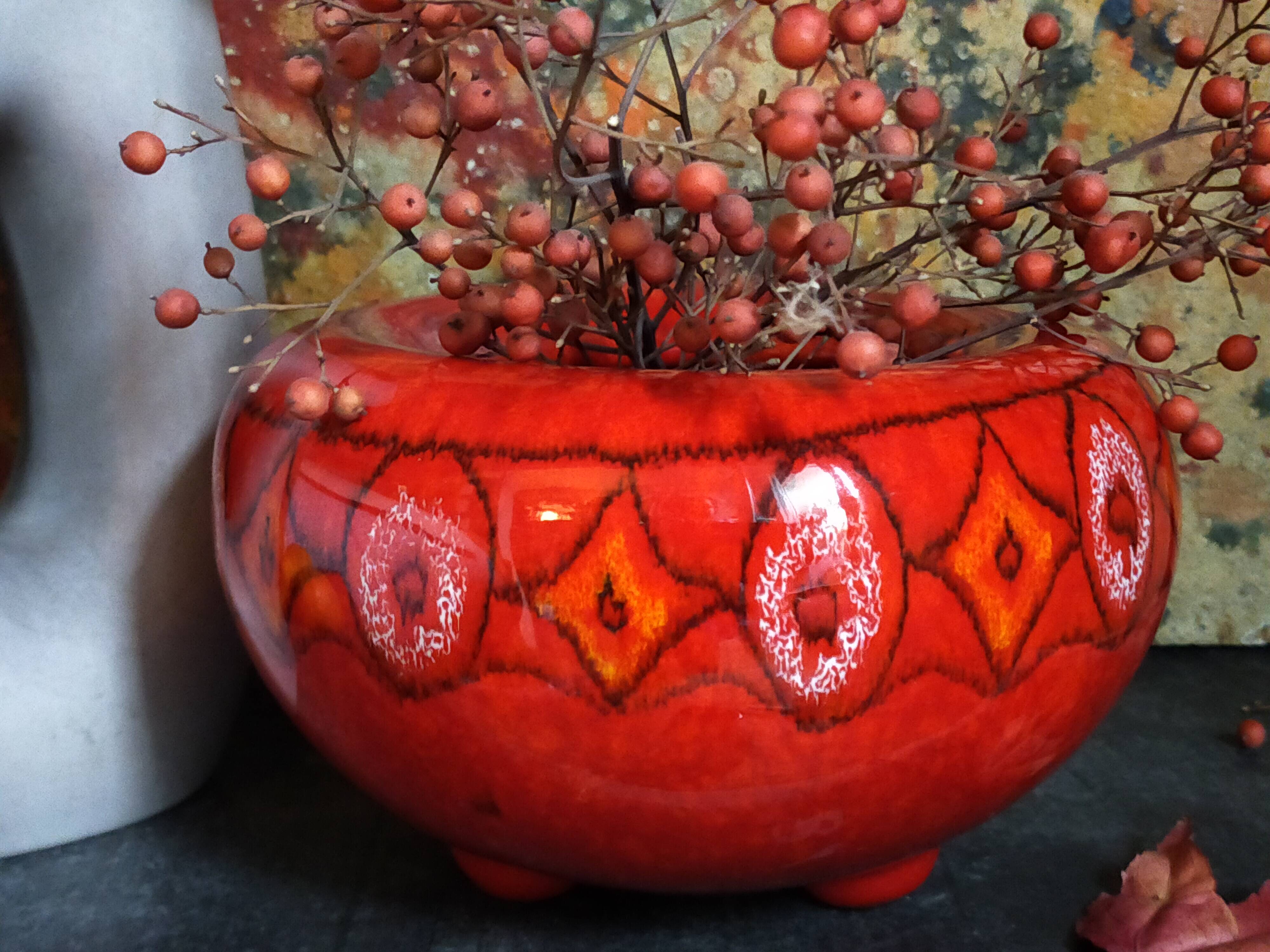Vintage bright red enamel ceramic tripod vase
