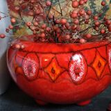 Vase tripode céramique à l'émail rouge vif vintage