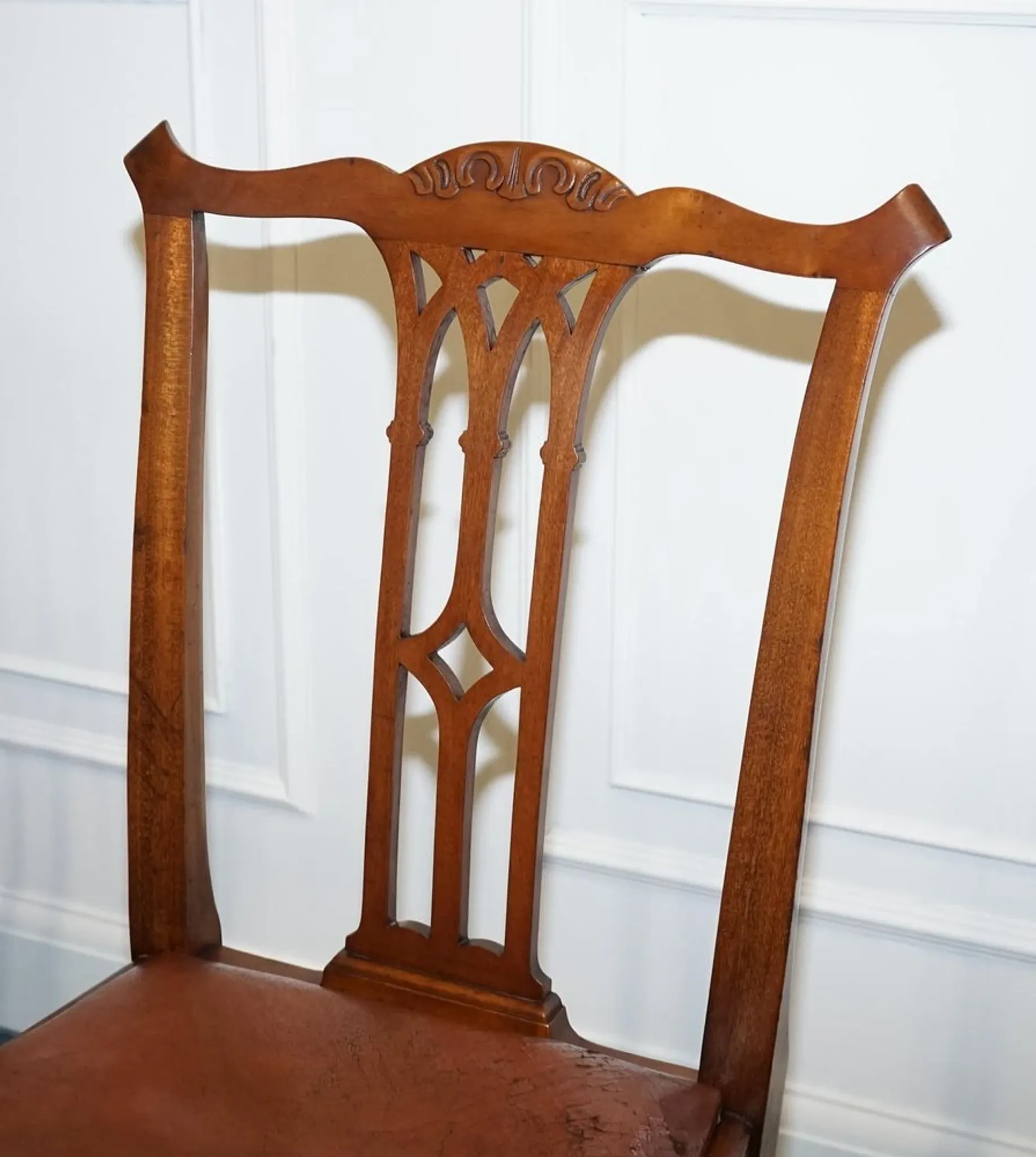 Chippendale Style Dining Chairs with Leather Seats, Set of 5