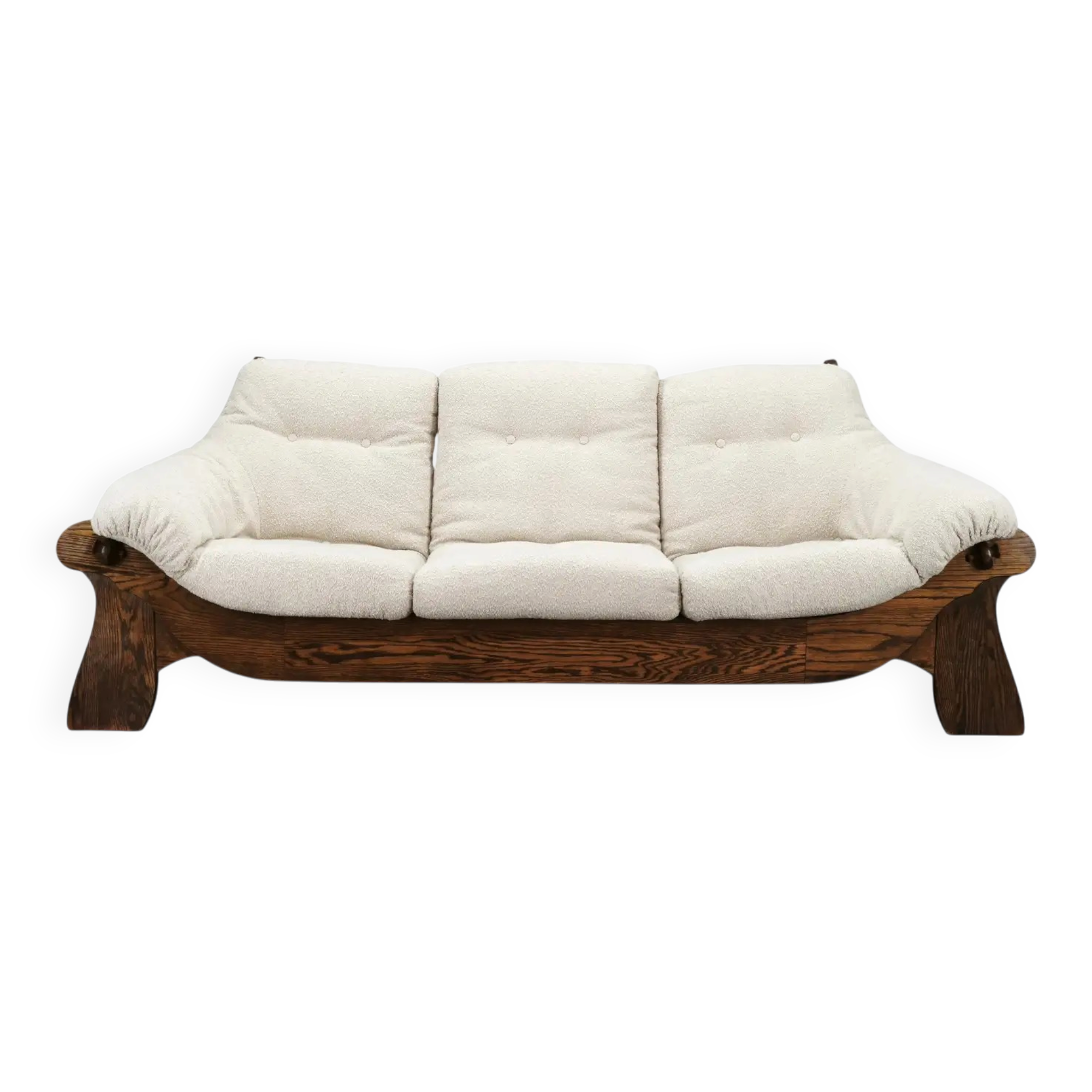 Brutalist Solid Oak and Bouclé Three-Seat Sofa, Czechoslovakia 1970s