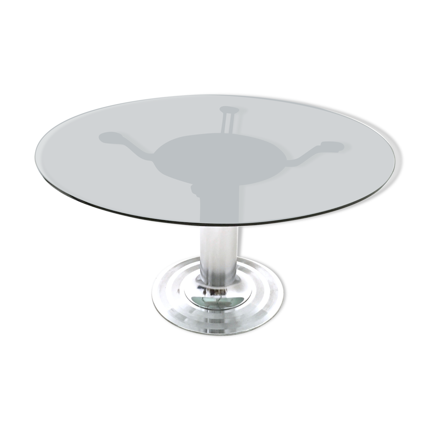 Postmodern chromed metal dining table with a round tempered glass top, italy