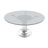 Postmodern chromed metal dining table with a round tempered glass top, italy