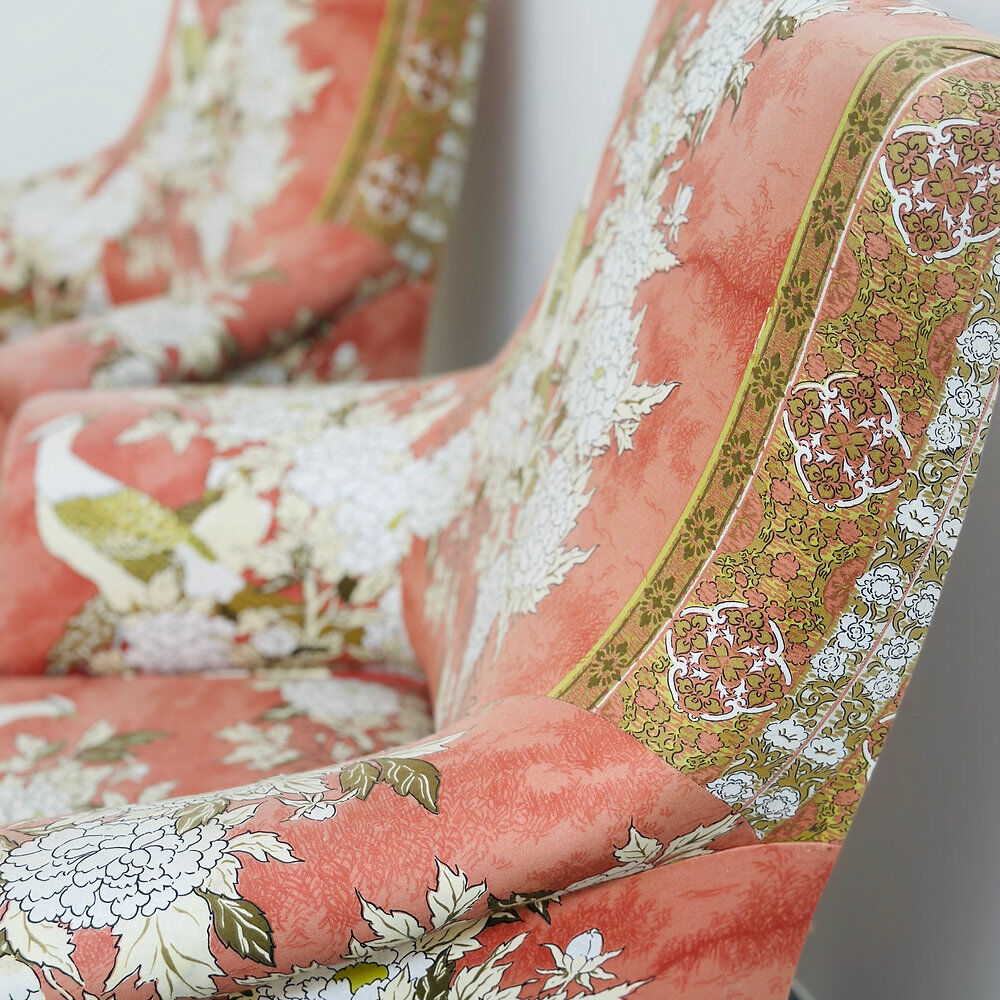 Exquisite pair of upholstered slipper lounge chairs depicting pheasants and peonies