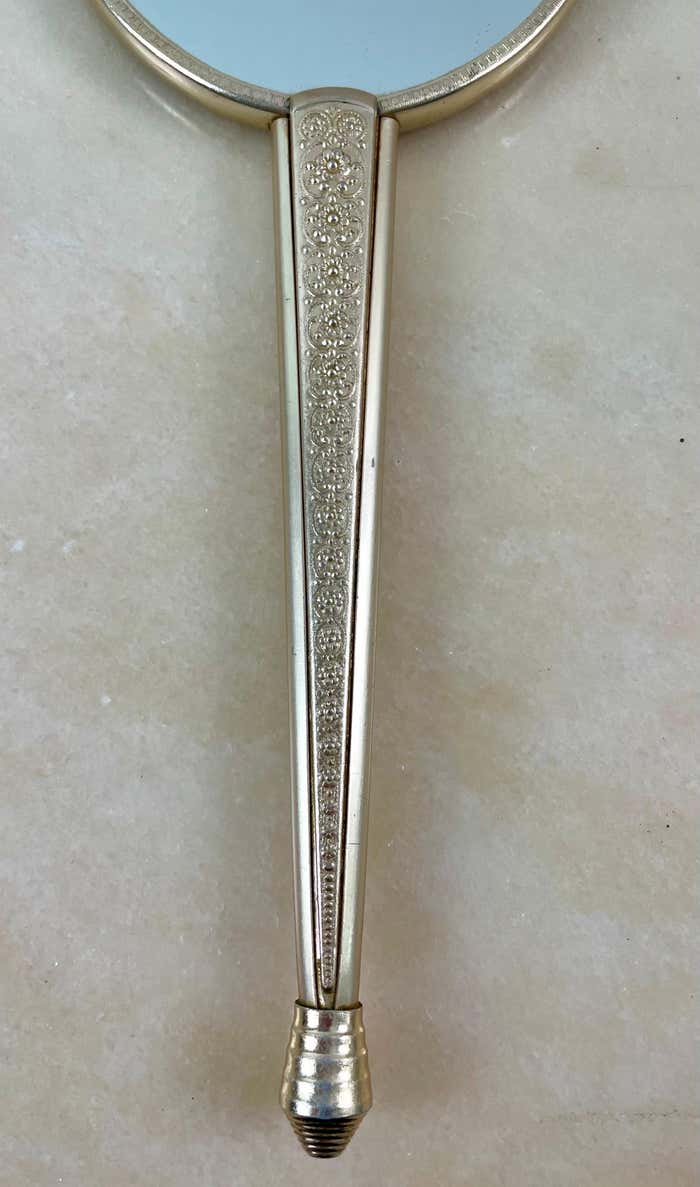 Toiletry set - metal and silk brush and hand mirror England from the 50s