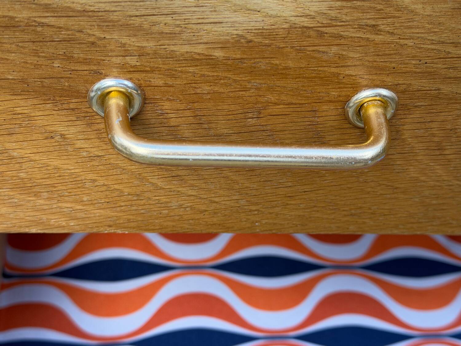 Vintage chest of drawers with tapered legs, solid raw oak, 1960.