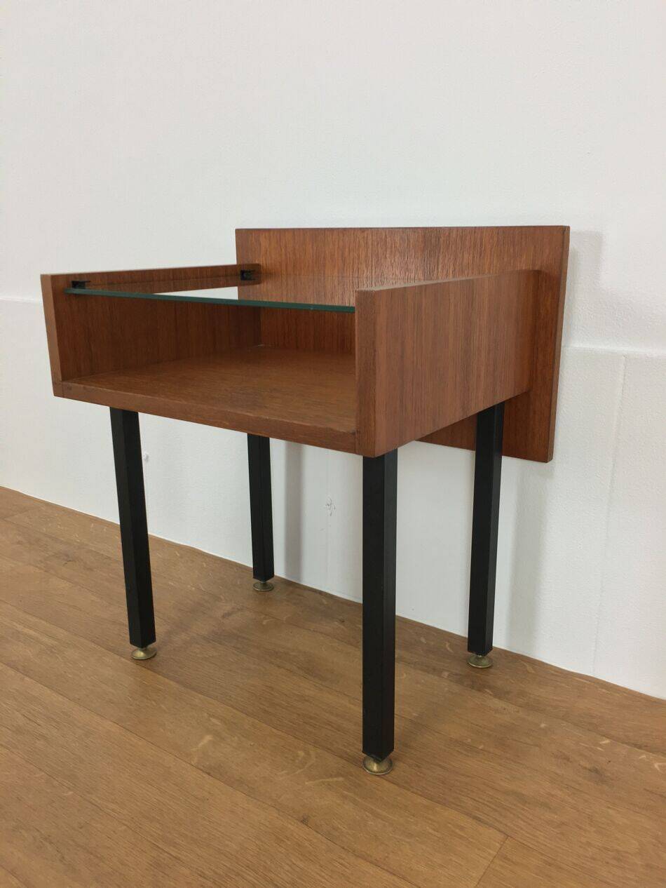 Modernist bedside table from the 1950s, wood and glass.