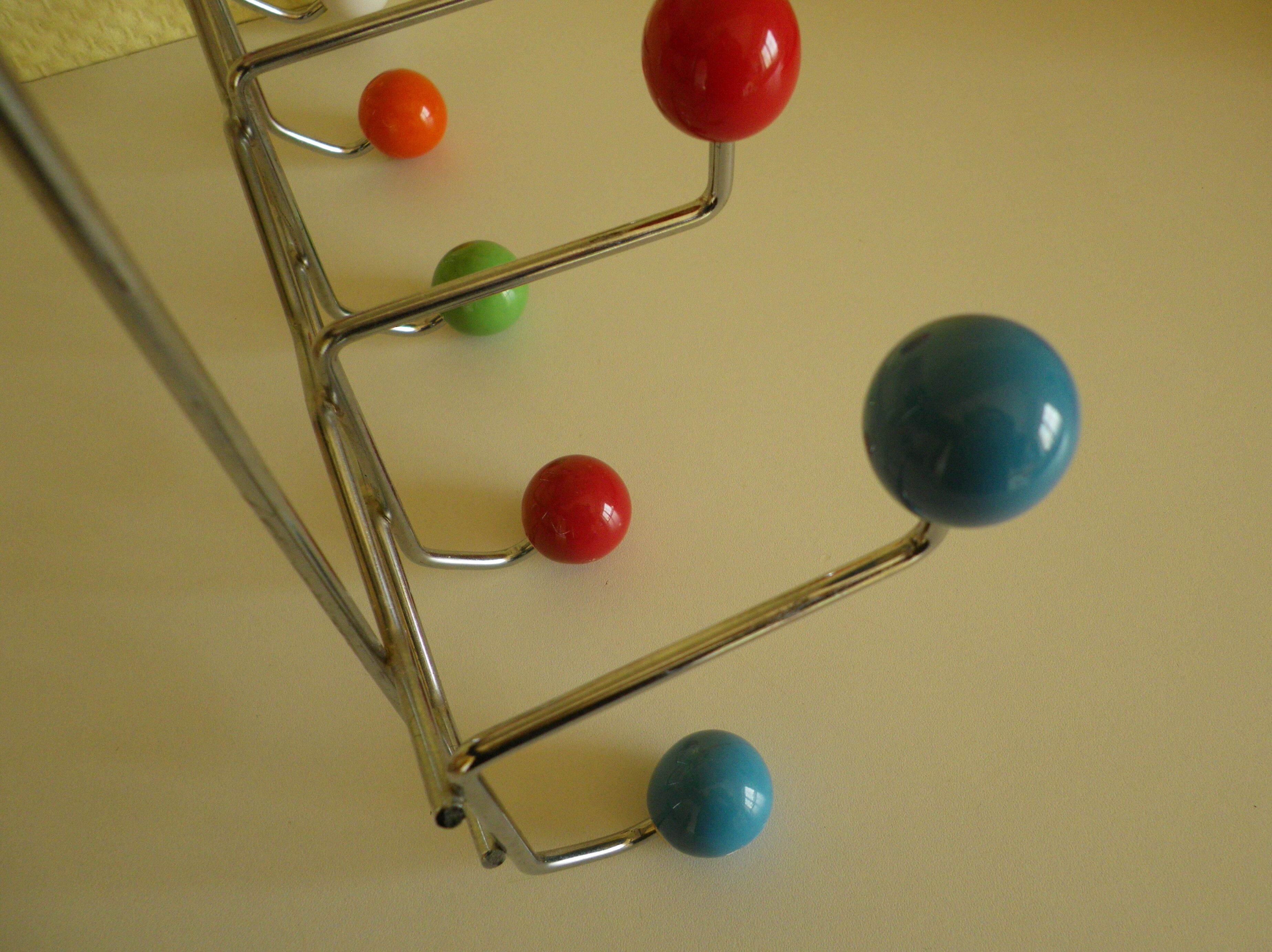 Door hook with 10 hooks-balls, metal and wood, 70s