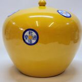 Pot couvert chinois vintage jaune et tampons bleus original pop