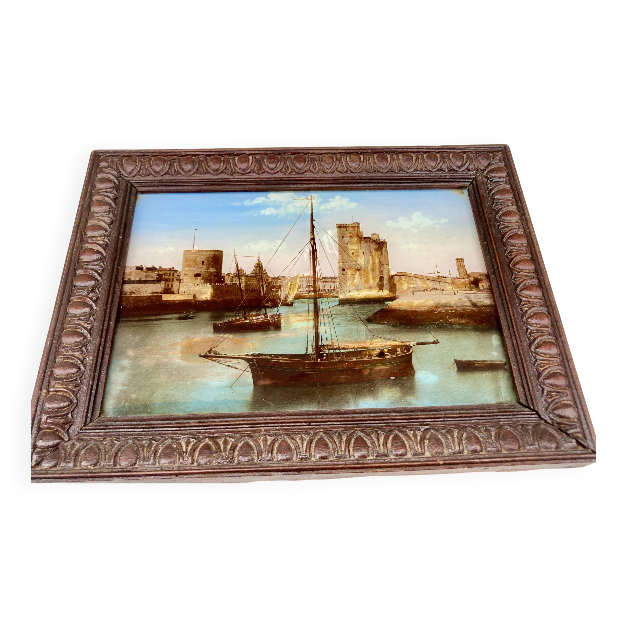 painting fixed under glass port of La Rochelle 19th century